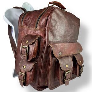 Vintage Distressed Handmade Rugged Rustic Brown Buffalo Leather Backpack Bag